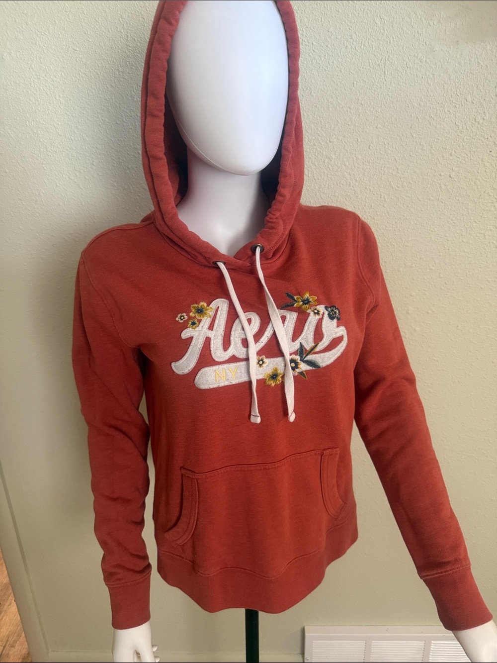 Aeropostale Rust Orange Hooded Pullover with Floral Applique